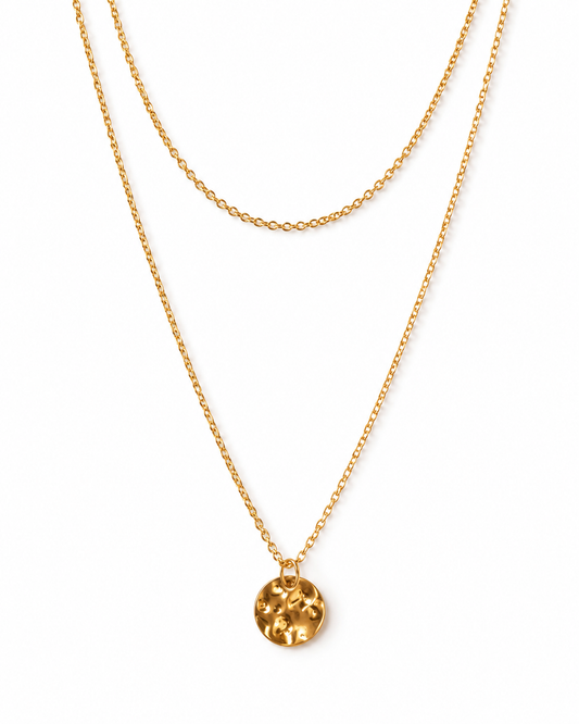 18k Gold Plated Layered Coin Necklace with hammered disc pendant
