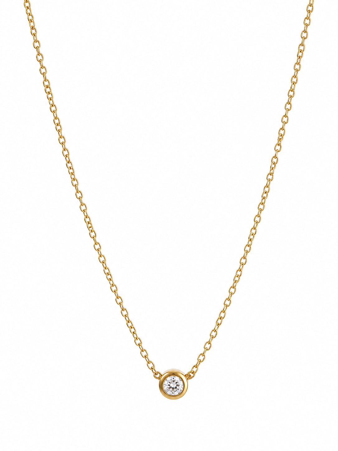 18K gold bezel solitaire necklace with brilliant-cut crystal pendant on delicate cable chain