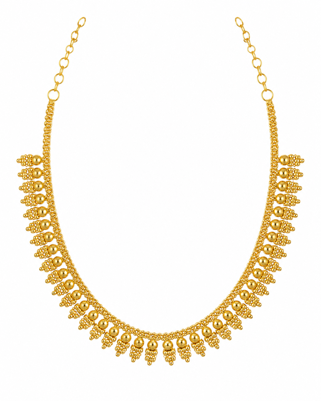 Gold beaded necklace with cascading bead fringe on adjustable chain