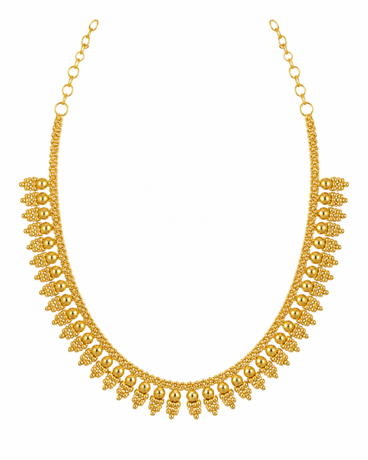 Gold beaded necklace with cascading bead fringe on adjustable chain