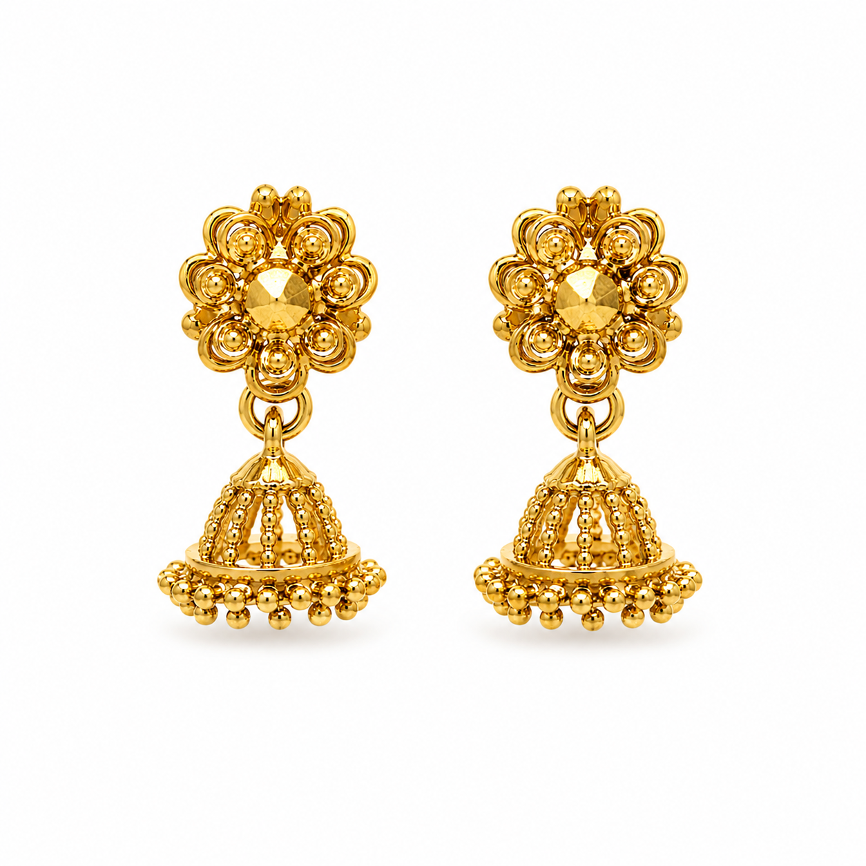 18k Gold Plated Micro Jhumka Earrings with floral stud and bell drop