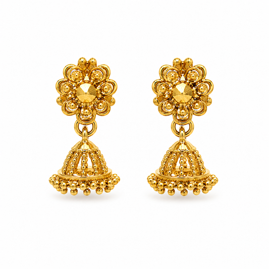 18k Gold Plated Micro Jhumka Earrings with floral stud and bell drop
