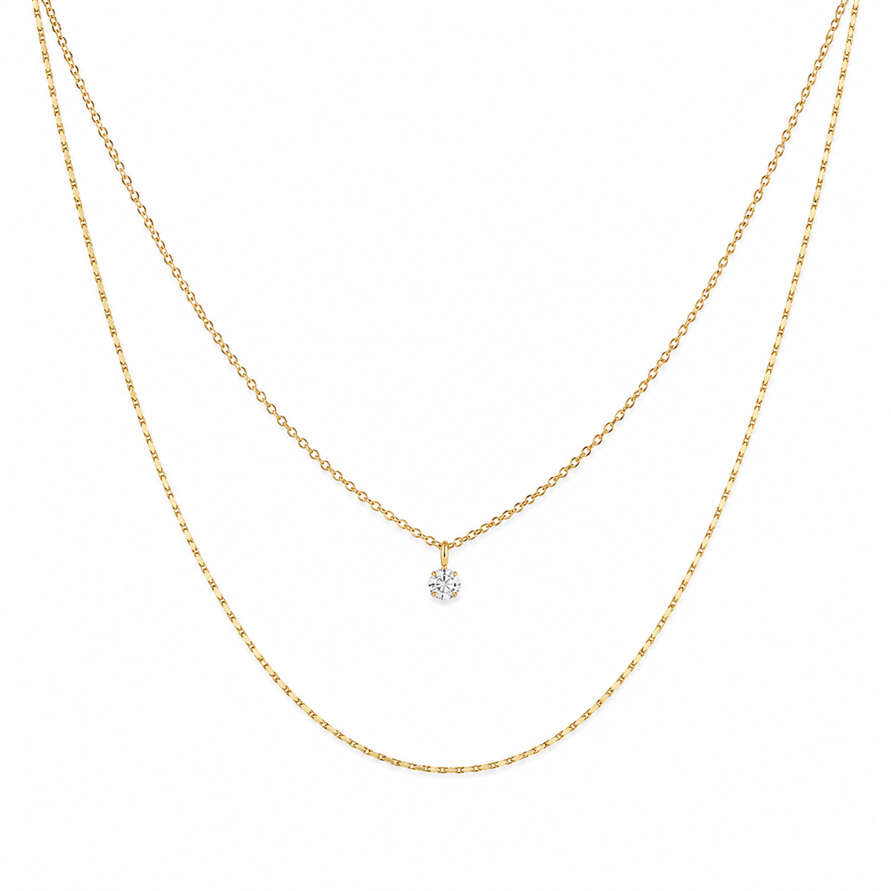 Double layer gold-plated necklace with crystal solitaire pendant