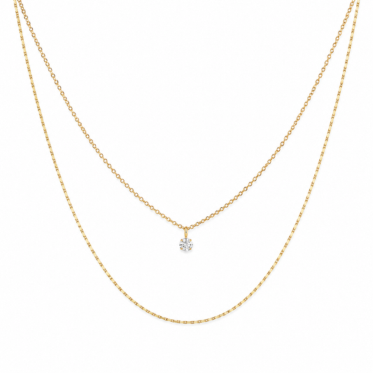 Double layer gold-plated necklace with crystal solitaire pendant