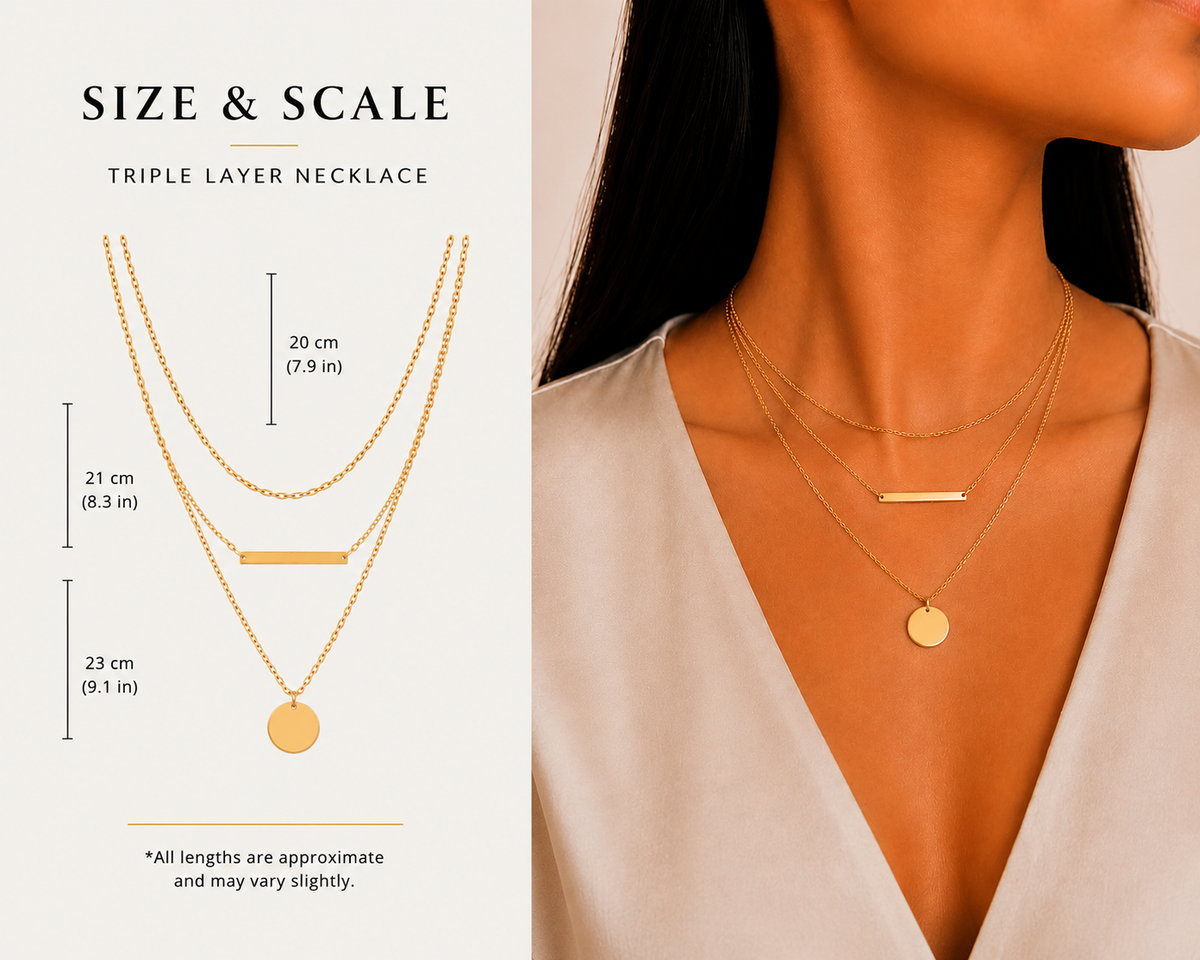 18k Gold Plated - Triple Layer Bar & Coin Gold Necklace